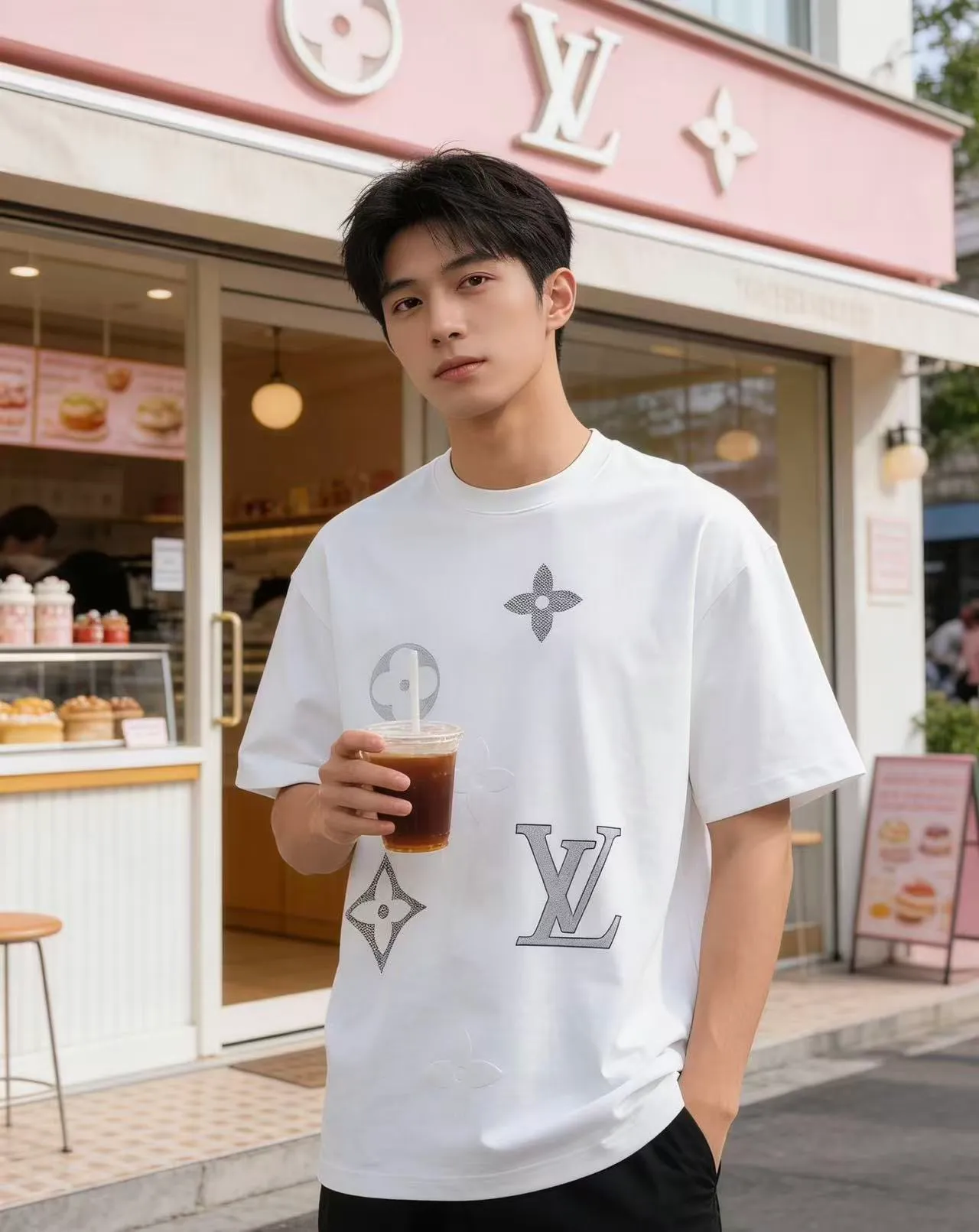 Louis Vuitton/Louis Vuitton flocked logo printed short sleeves